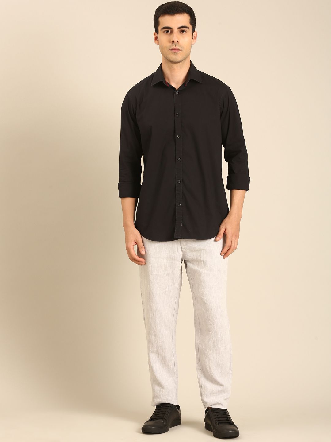 Linen Club Men's Linen Light Grey Solid Contemporary Fit Casual Trouser