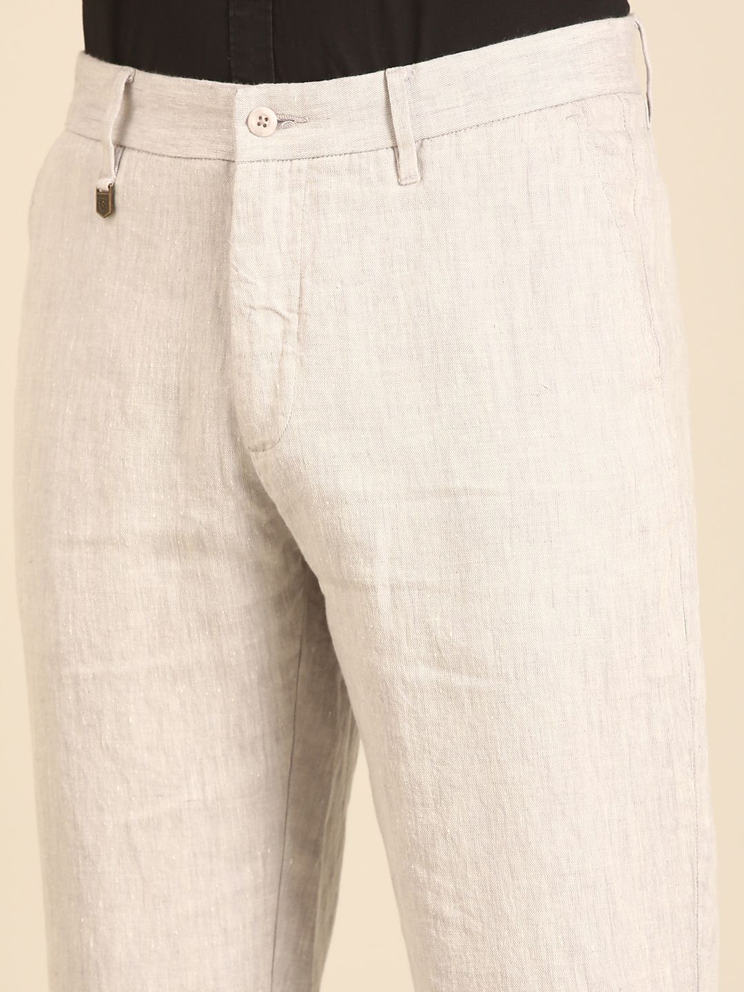 Linen Club Men's Linen Light Grey Solid Contemporary Fit Casual Trouser