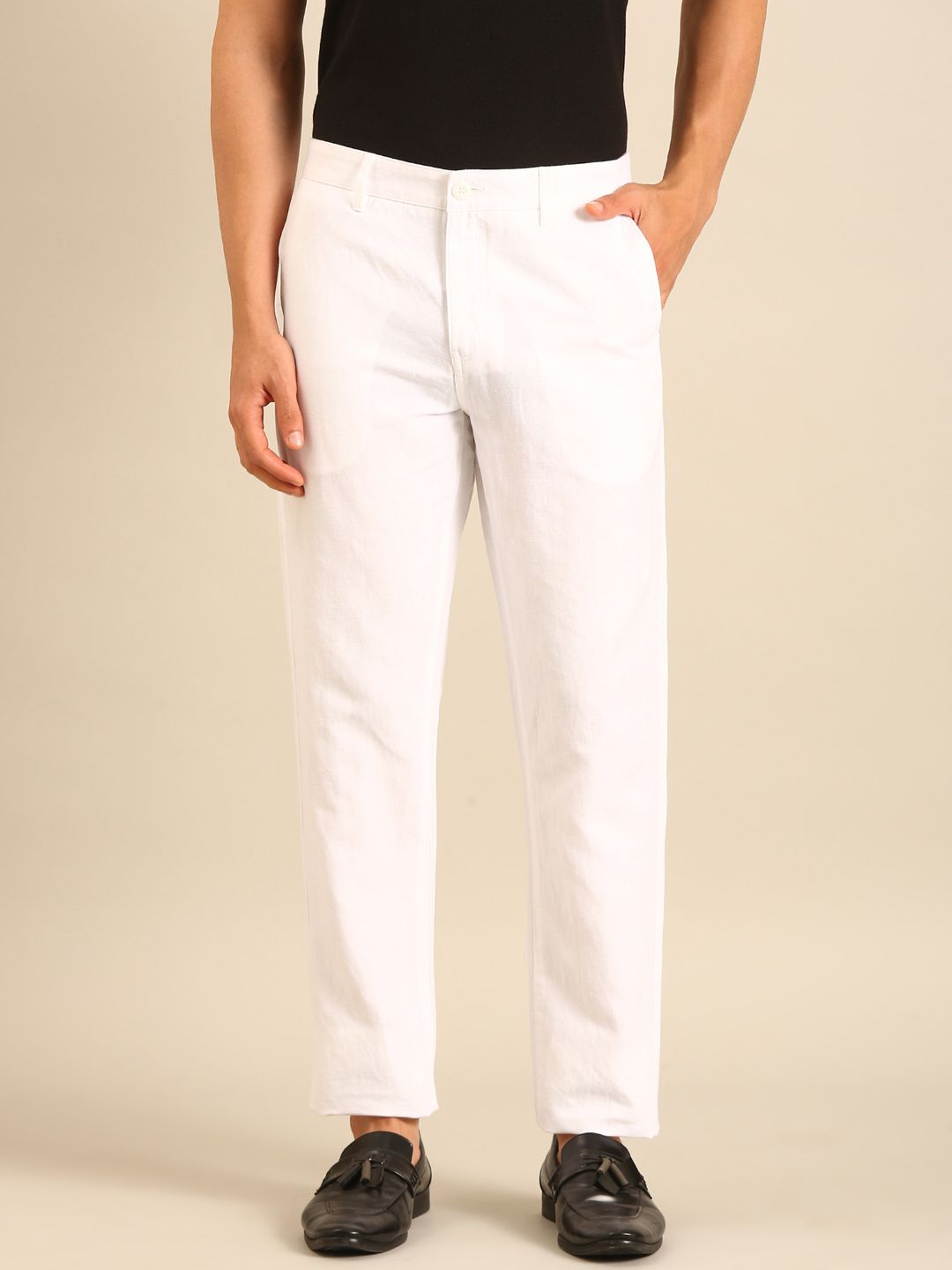 Linen Club Men's Linen White Solid Contemporary Fit Casual Trouser