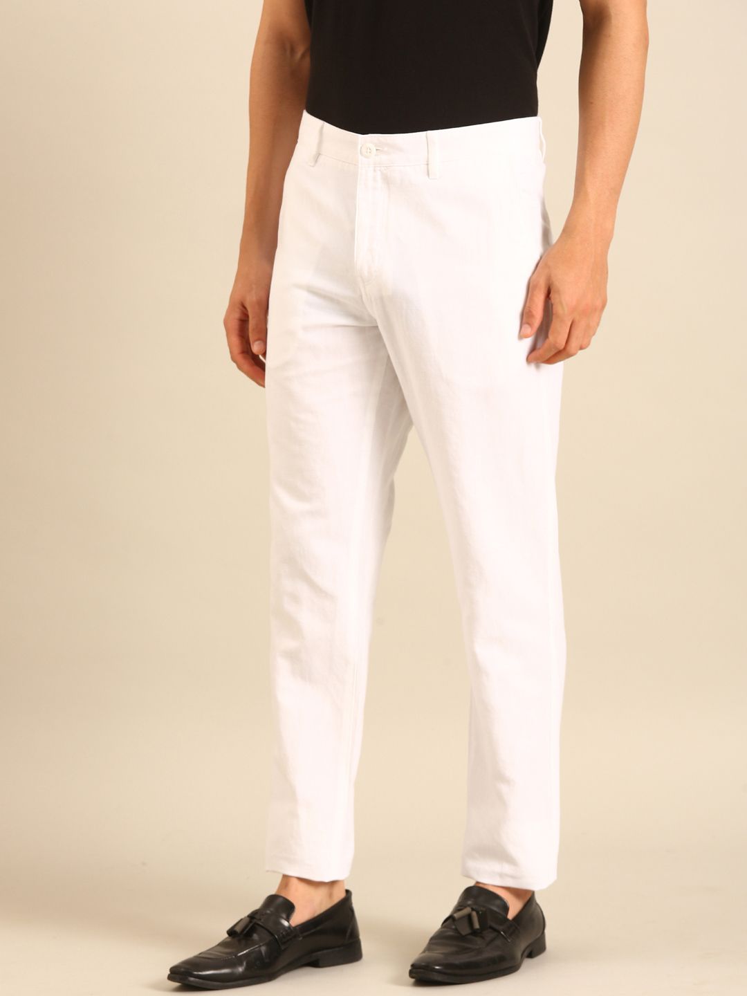 Linen Club Men's Linen White Solid Contemporary Fit Casual Trouser