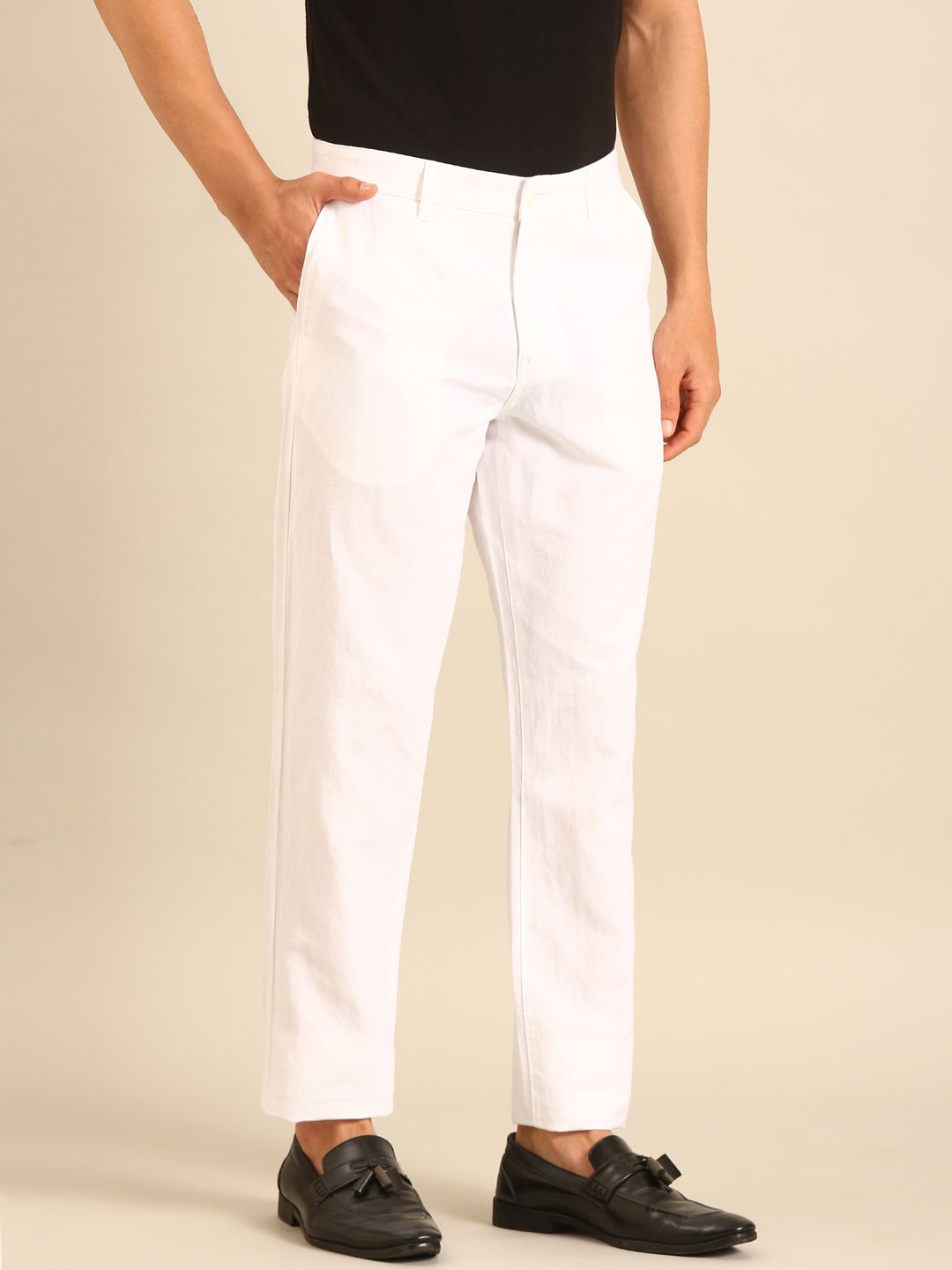 Linen Club Men's Linen White Solid Contemporary Fit Casual Trouser