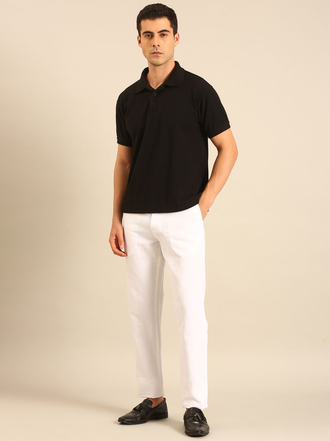Linen Club Men's Linen White Solid Contemporary Fit Casual Trouser