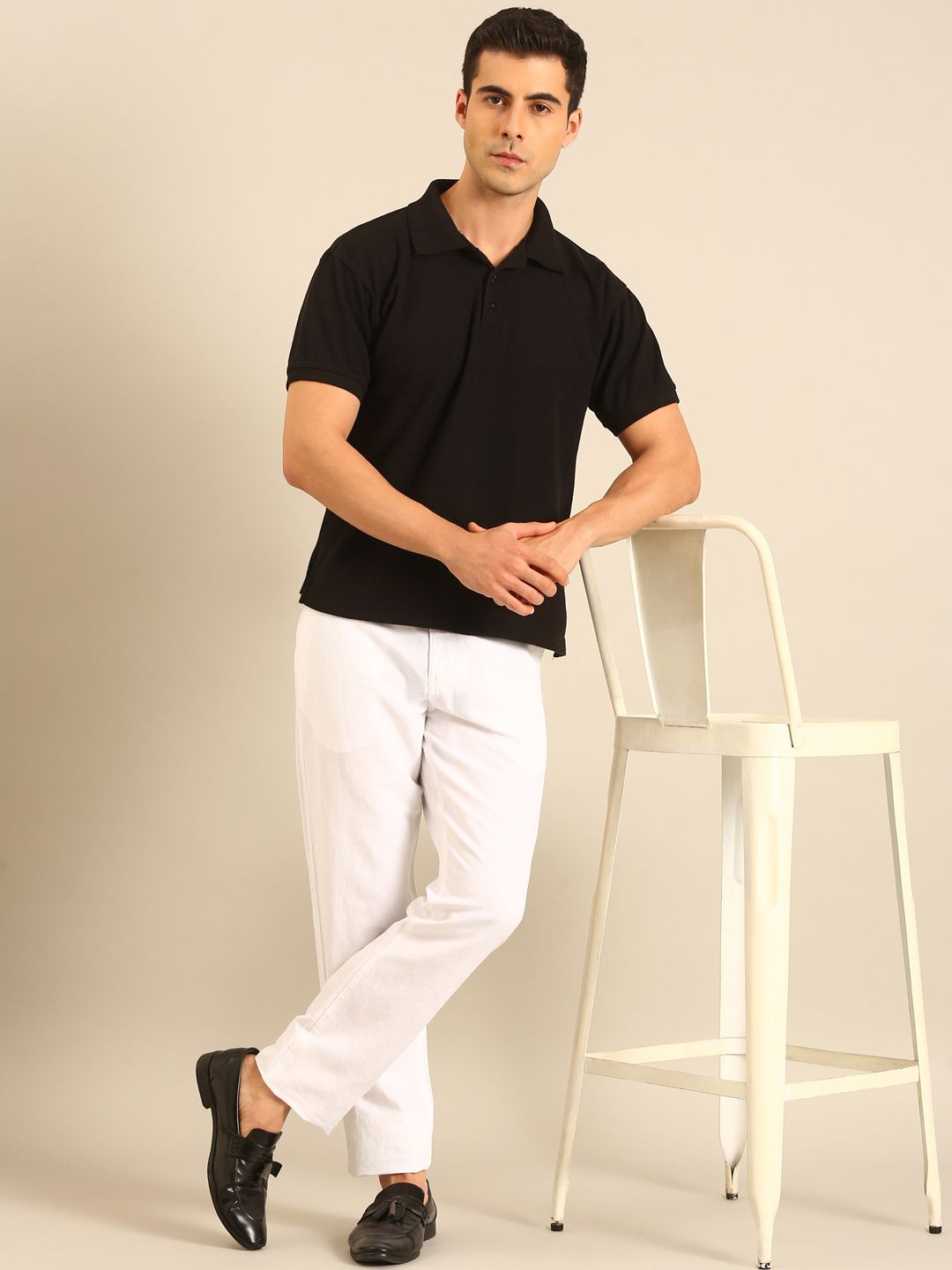 Linen Club Men's Linen White Solid Contemporary Fit Casual Trouser