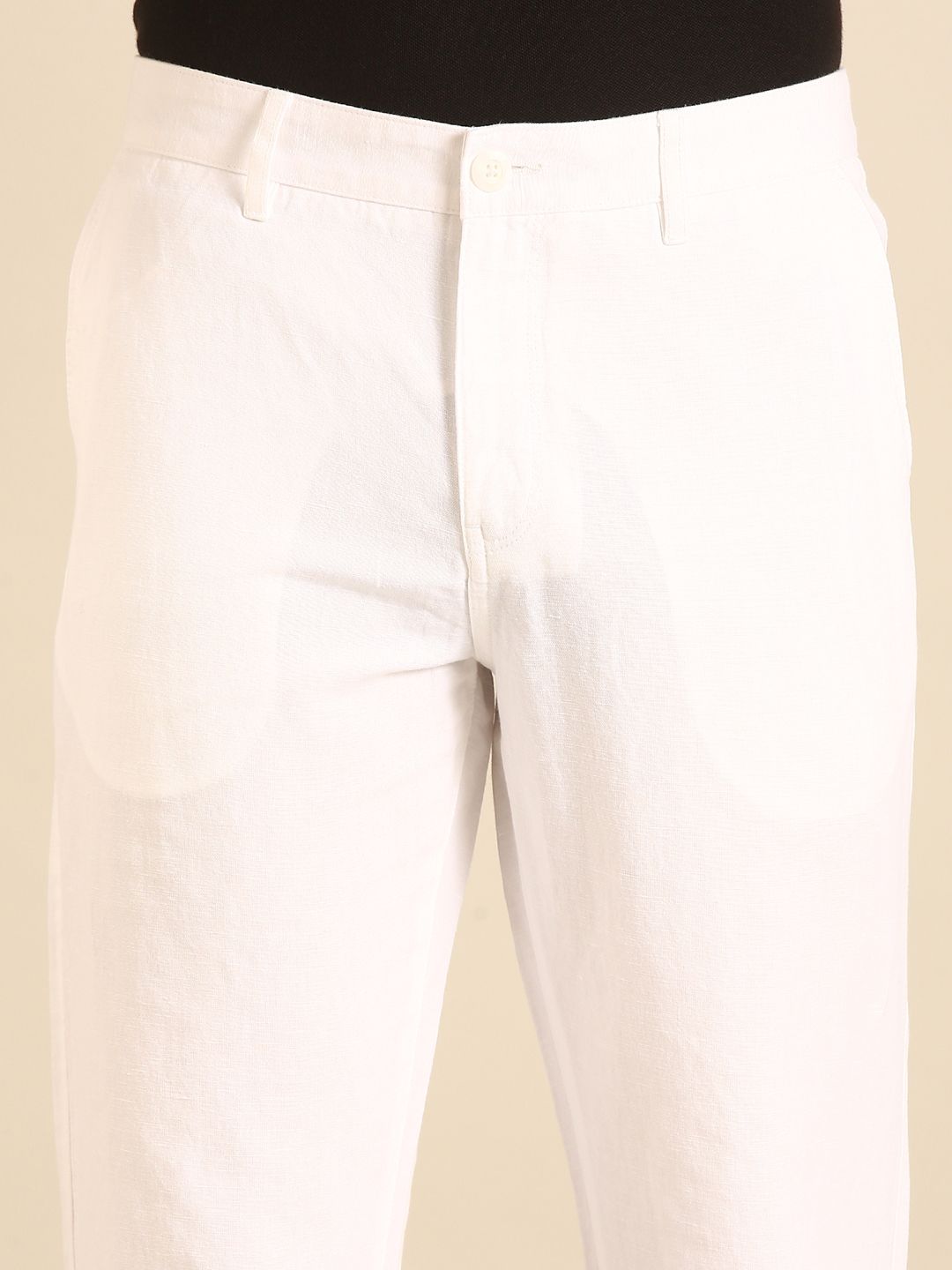 Linen Club Men's Linen White Solid Contemporary Fit Casual Trouser