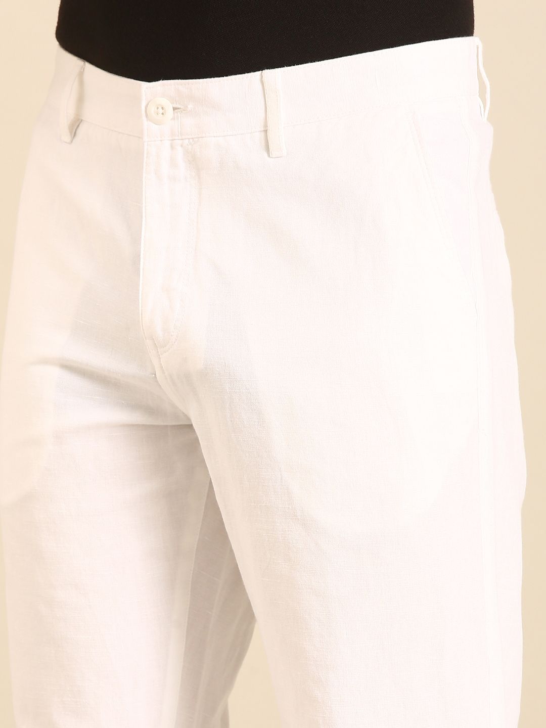 Linen Club Men's Linen White Solid Contemporary Fit Casual Trouser
