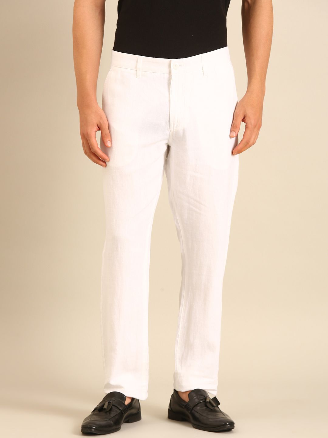 Linen Club Men's Linen White Solid Contemporary Fit Casual Trouser