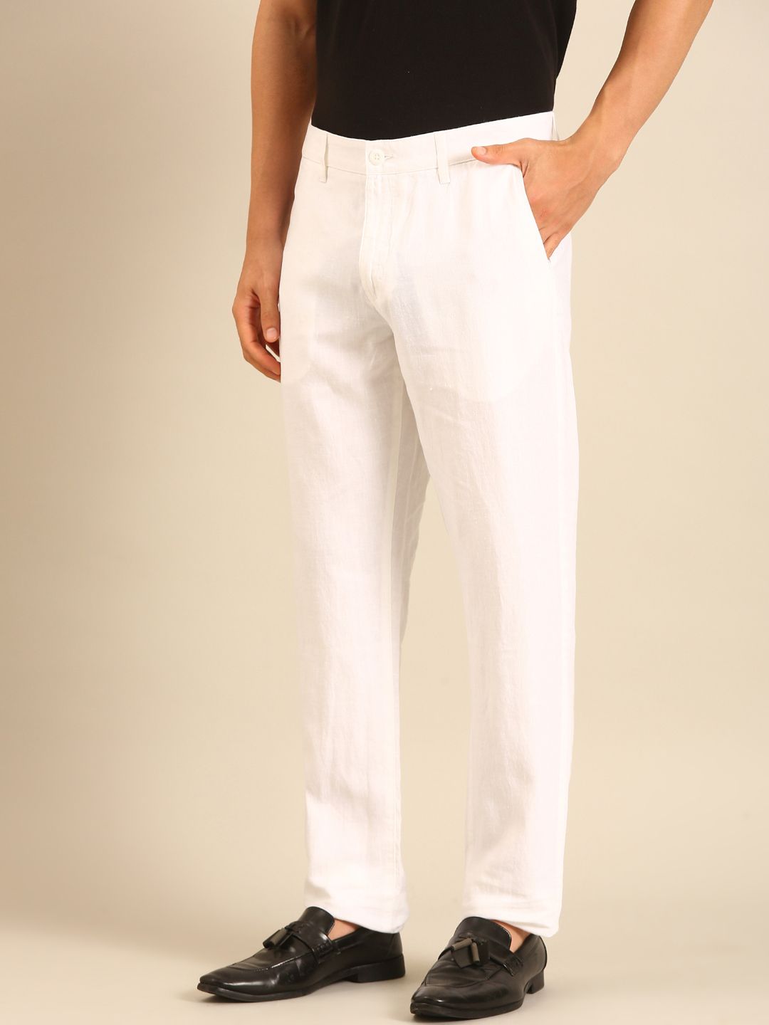 Linen Club Men's Linen White Solid Contemporary Fit Casual Trouser