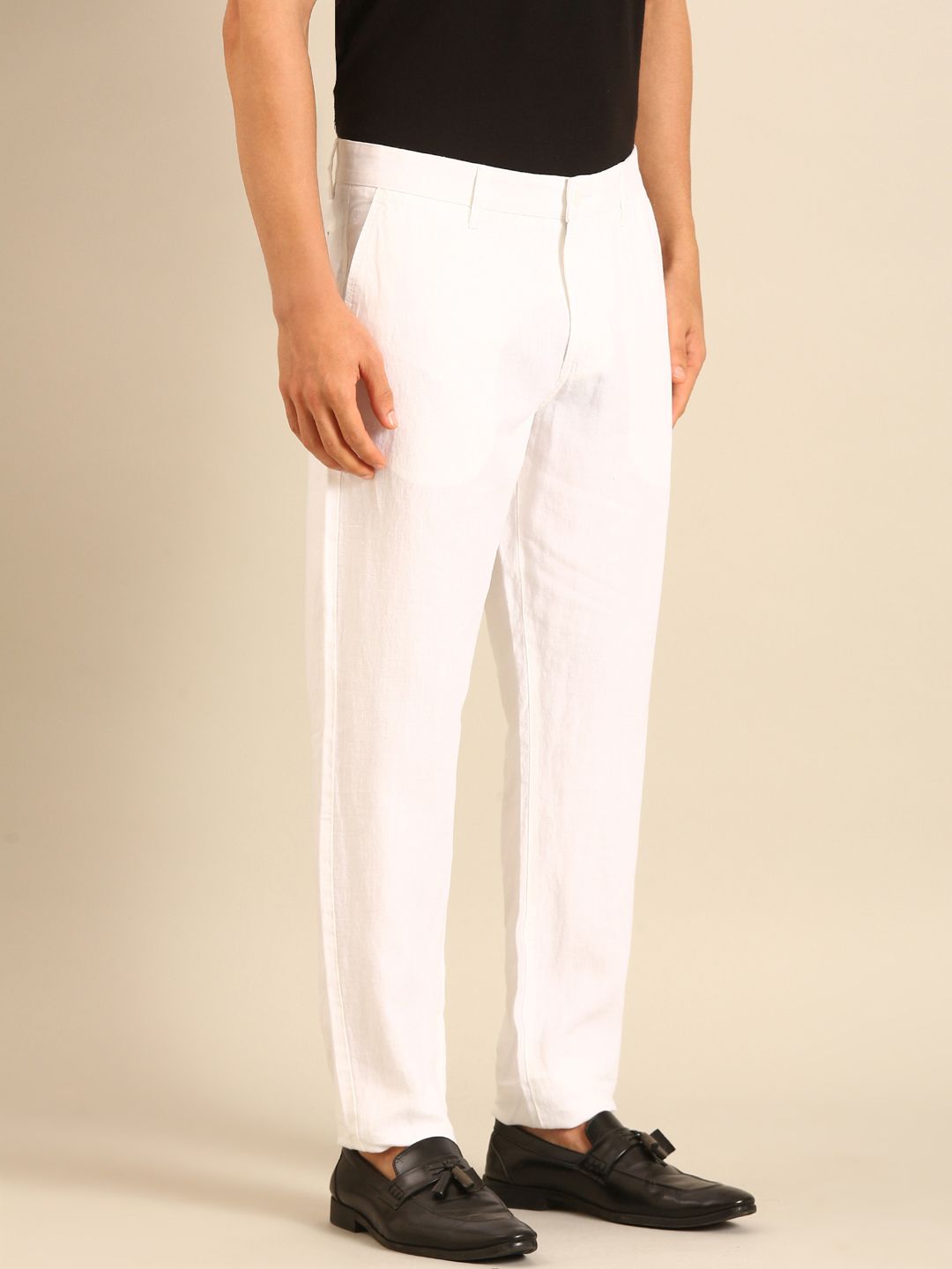 Linen Club Men's Linen White Solid Contemporary Fit Casual Trouser