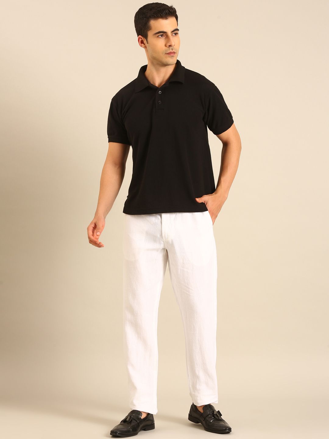 Linen Club Men's Linen White Solid Contemporary Fit Casual Trouser