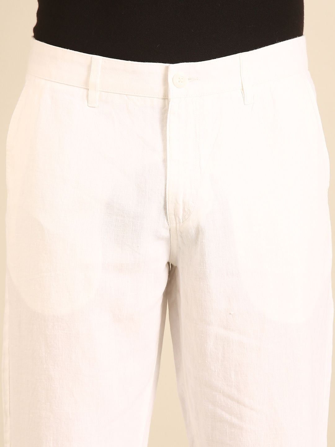 Linen Club Men's Linen White Solid Contemporary Fit Casual Trouser