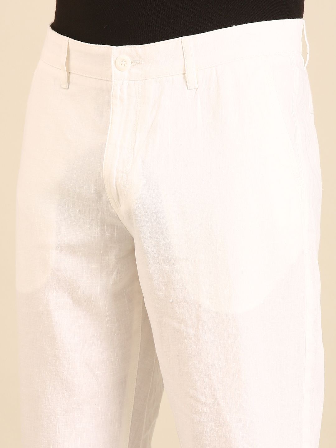 Linen Club Men's Linen White Solid Contemporary Fit Casual Trouser