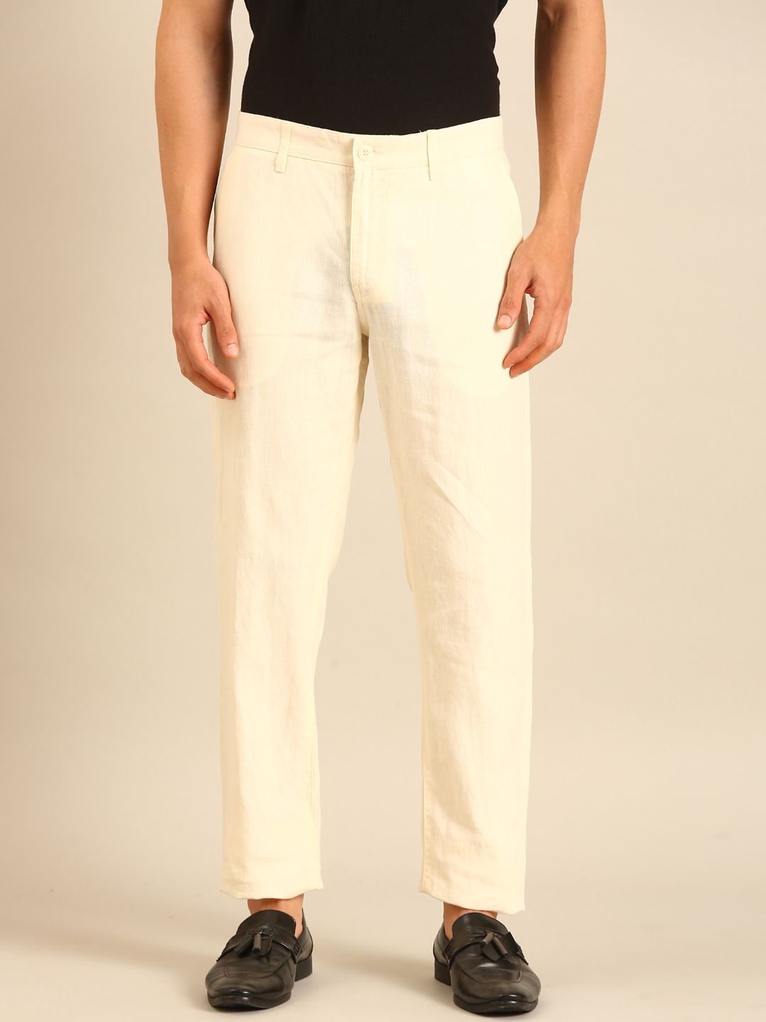 Linen Club Men's Linen Off White Solid Contemporary Fit Casual Trouser
