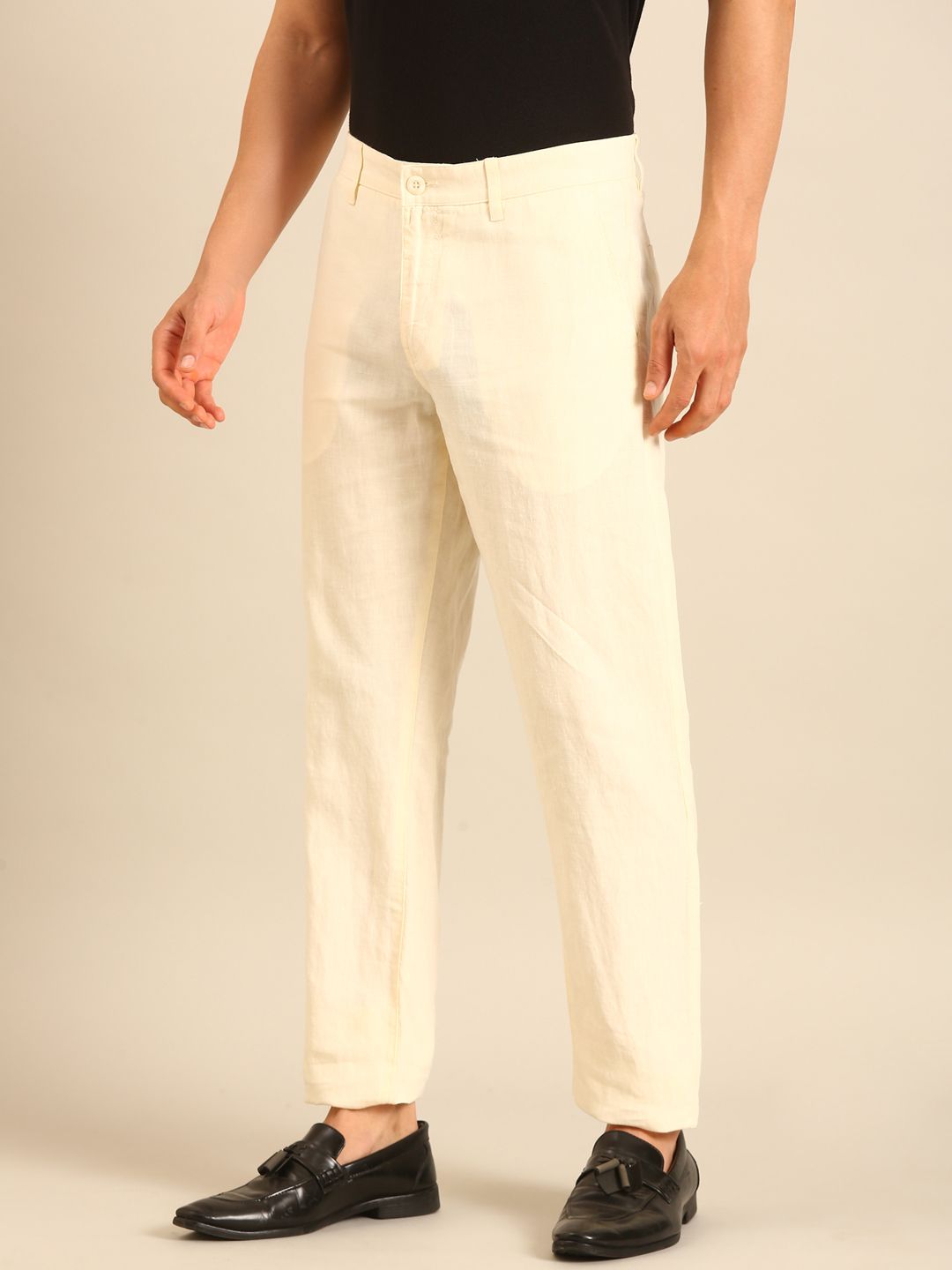 Linen Club Men's Linen Off White Solid Contemporary Fit Casual Trouser