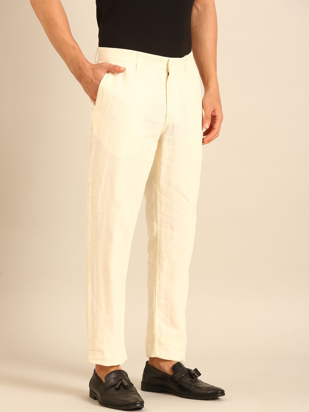 Linen Club Men's Linen Off White Solid Contemporary Fit Casual Trouser