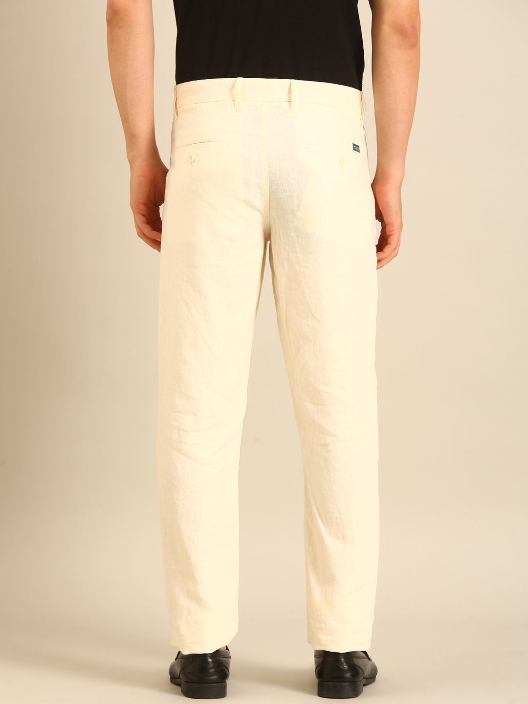 Linen Club Men's Linen Off White Solid Contemporary Fit Casual Trouser