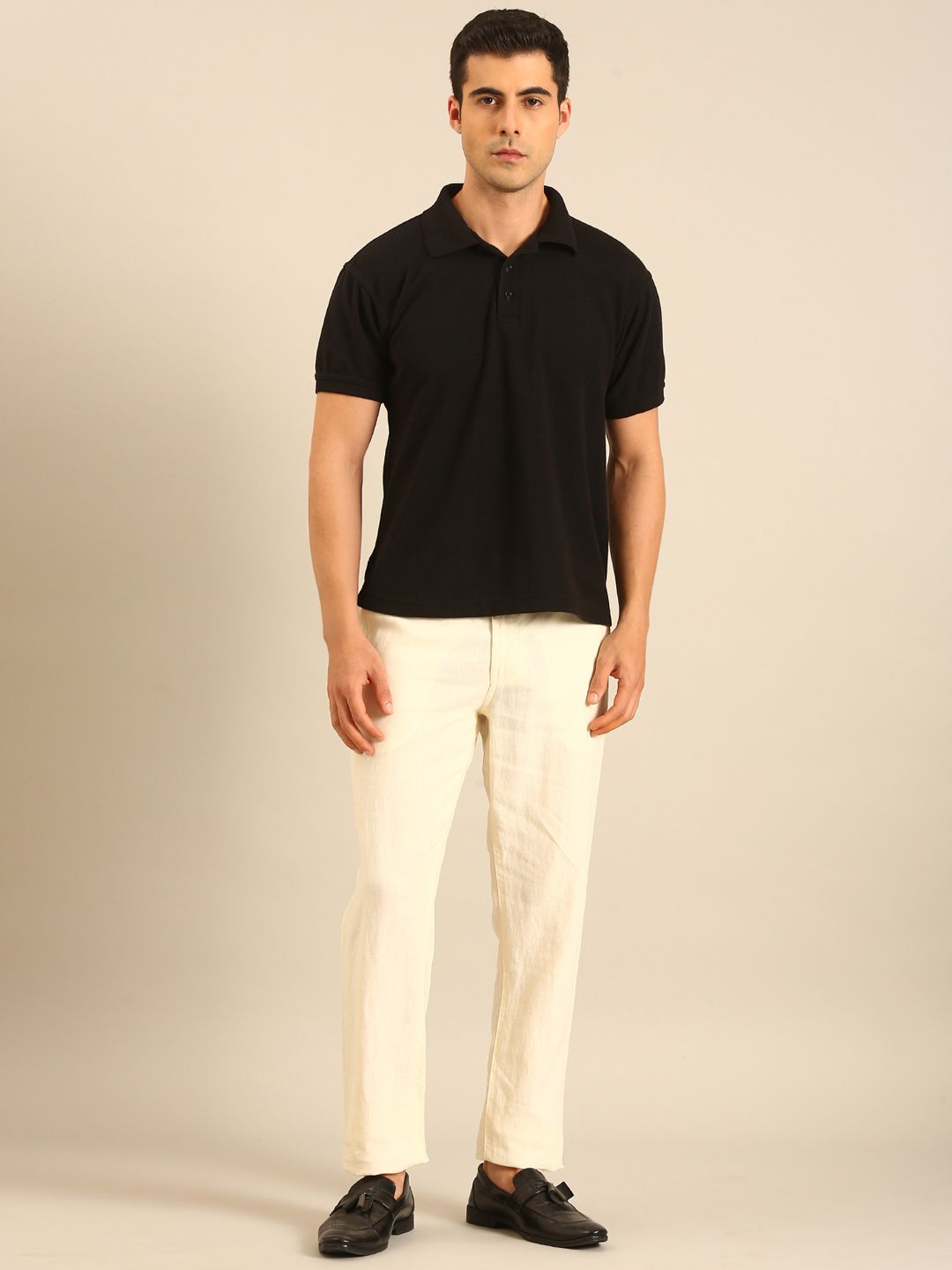 Linen Club Men's Linen Off White Solid Contemporary Fit Casual Trouser