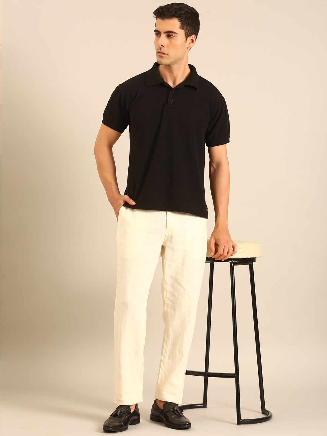 Linen Club Men's Linen Off White Solid Contemporary Fit Casual Trouser