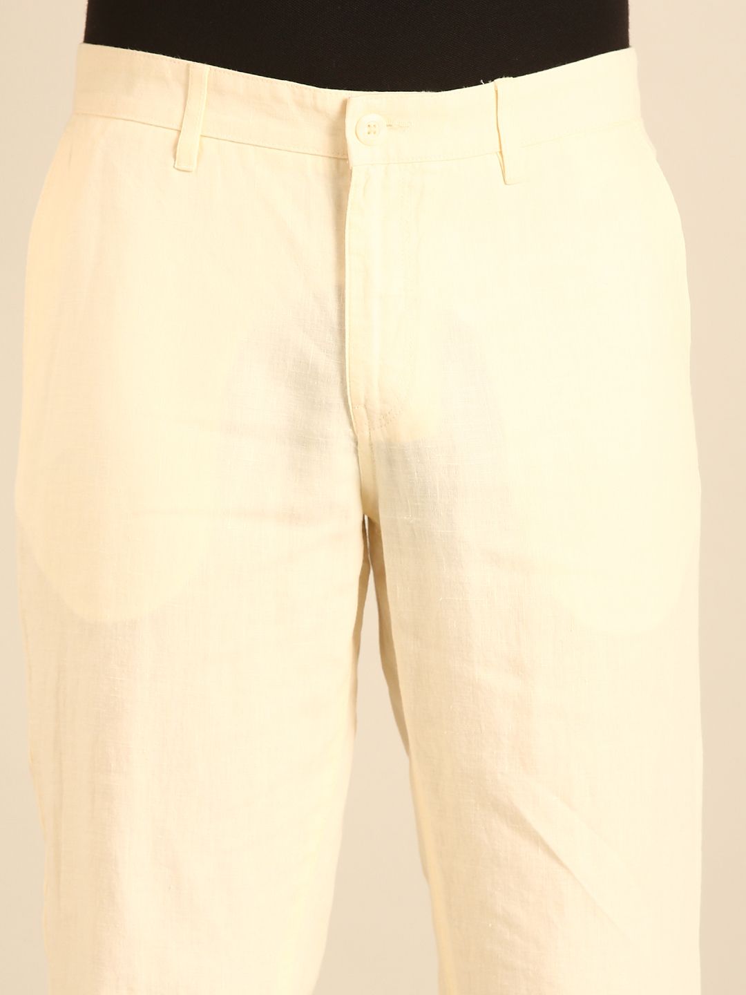 Linen Club Men's Linen Off White Solid Contemporary Fit Casual Trouser
