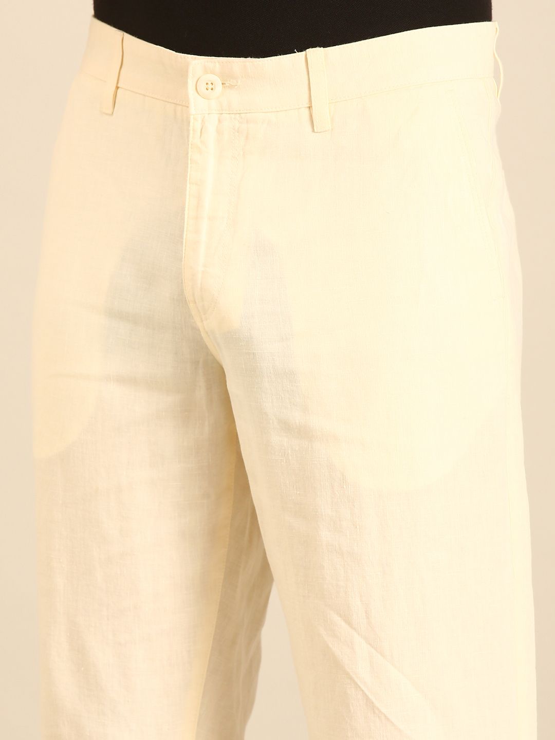 Linen Club Men's Linen Off White Solid Contemporary Fit Casual Trouser