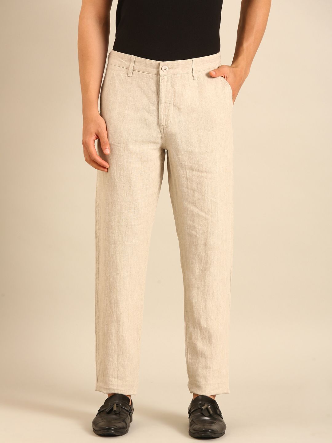 Linen Club Men's Linen Beige Solid Contemporary Fit Casual Trouser
