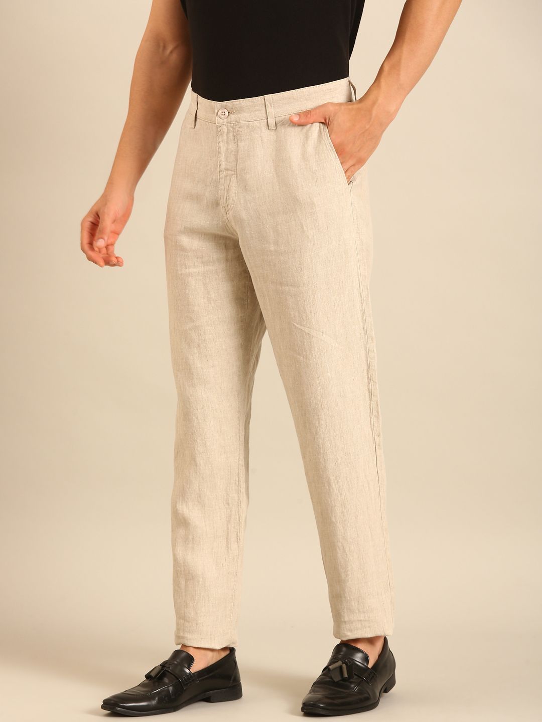 Linen Club Men's Linen Beige Solid Contemporary Fit Casual Trouser