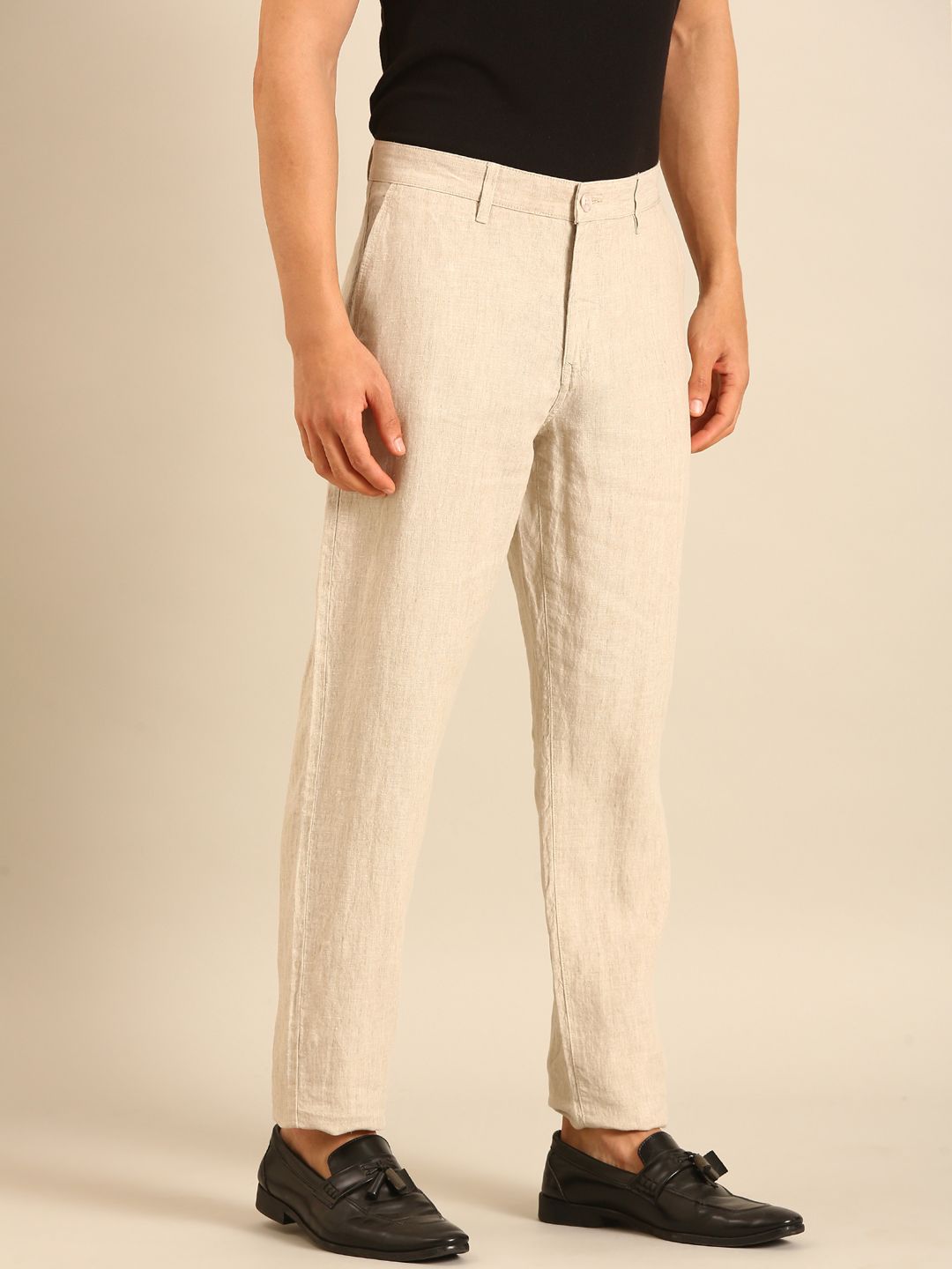Linen Club Men's Linen Beige Solid Contemporary Fit Casual Trouser