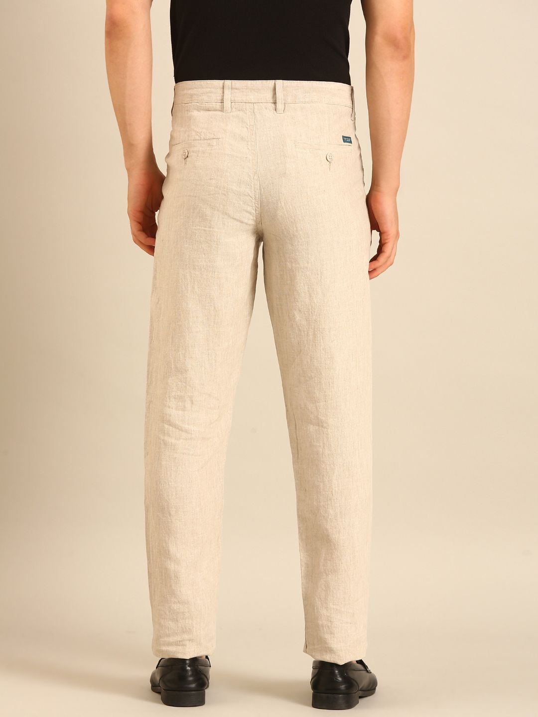 Linen Club Men's Linen Beige Solid Contemporary Fit Casual Trouser