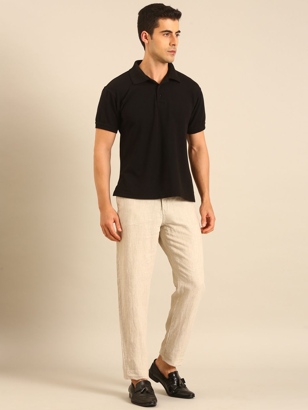 Linen Club Men's Linen Beige Solid Contemporary Fit Casual Trouser
