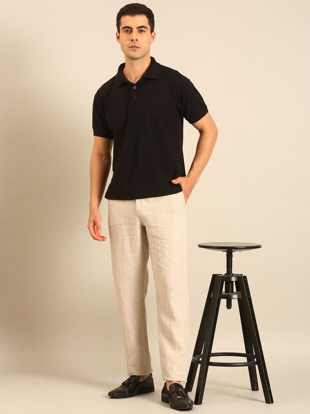 Linen Club Men's Linen Beige Solid Contemporary Fit Casual Trouser