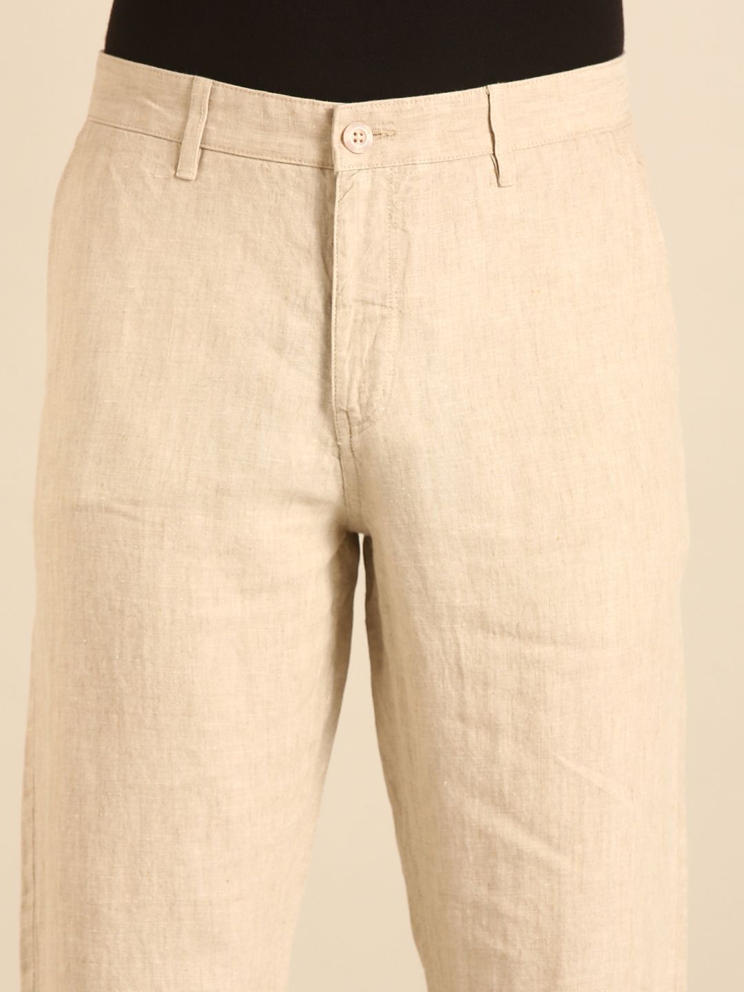 Linen Club Men's Linen Beige Solid Contemporary Fit Casual Trouser