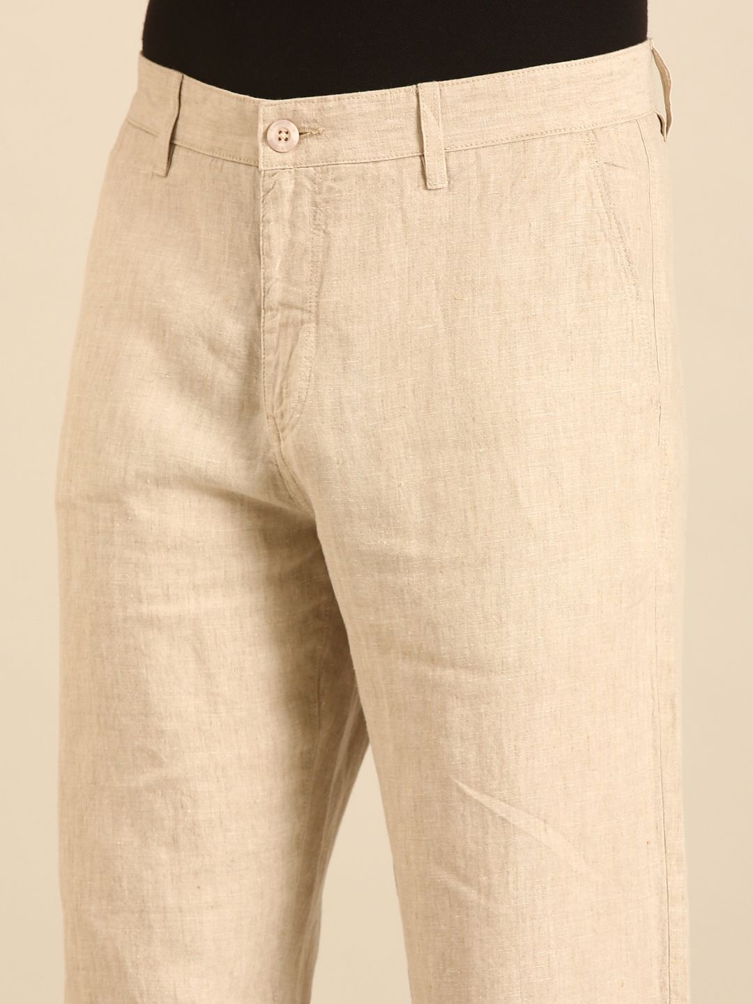 Linen Club Men's Linen Beige Solid Contemporary Fit Casual Trouser