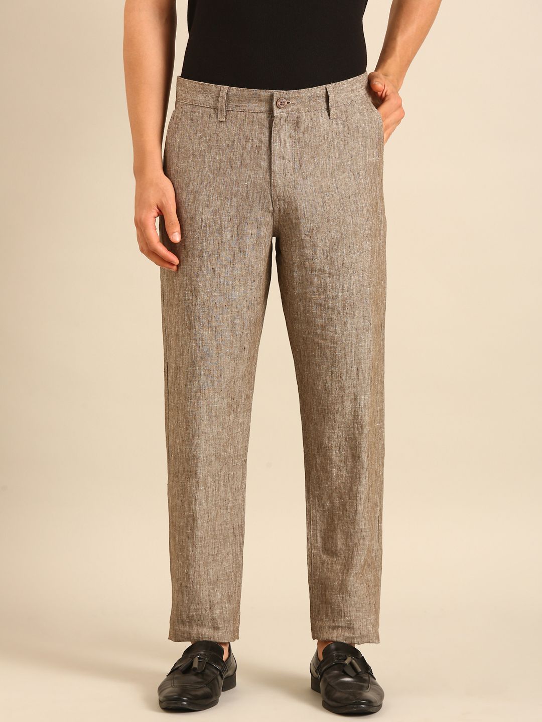 Linen Club Men's Linen Brown Solid Contemporary Fit Casual Trouser