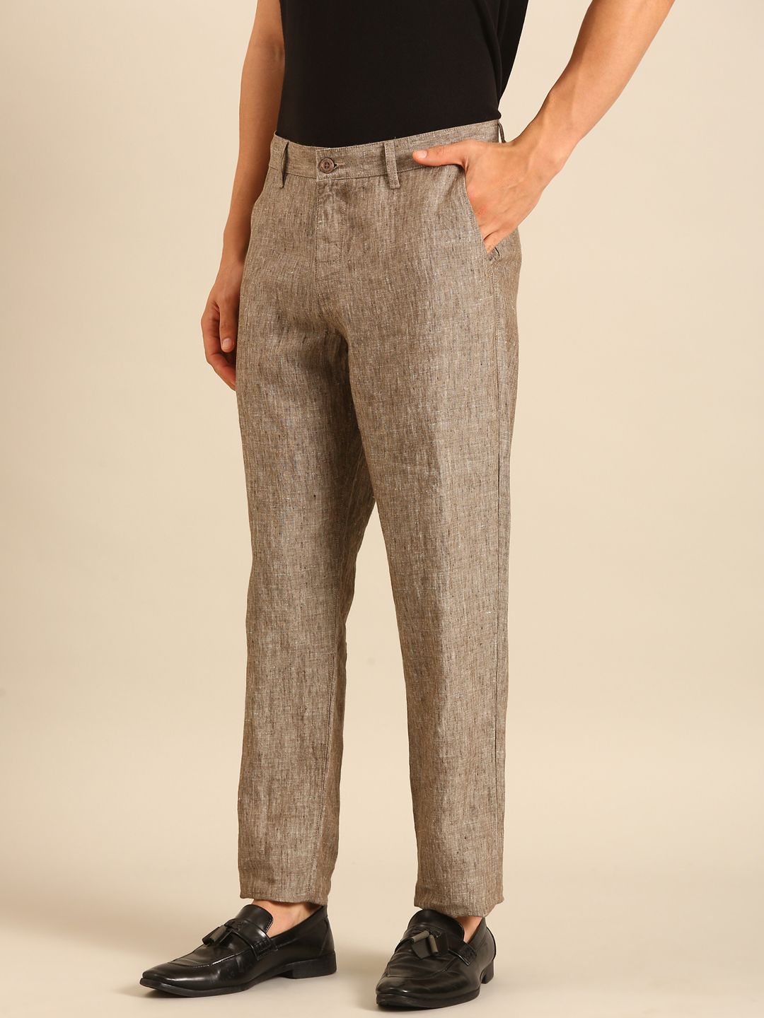 Linen Club Men's Linen Brown Solid Contemporary Fit Casual Trouser