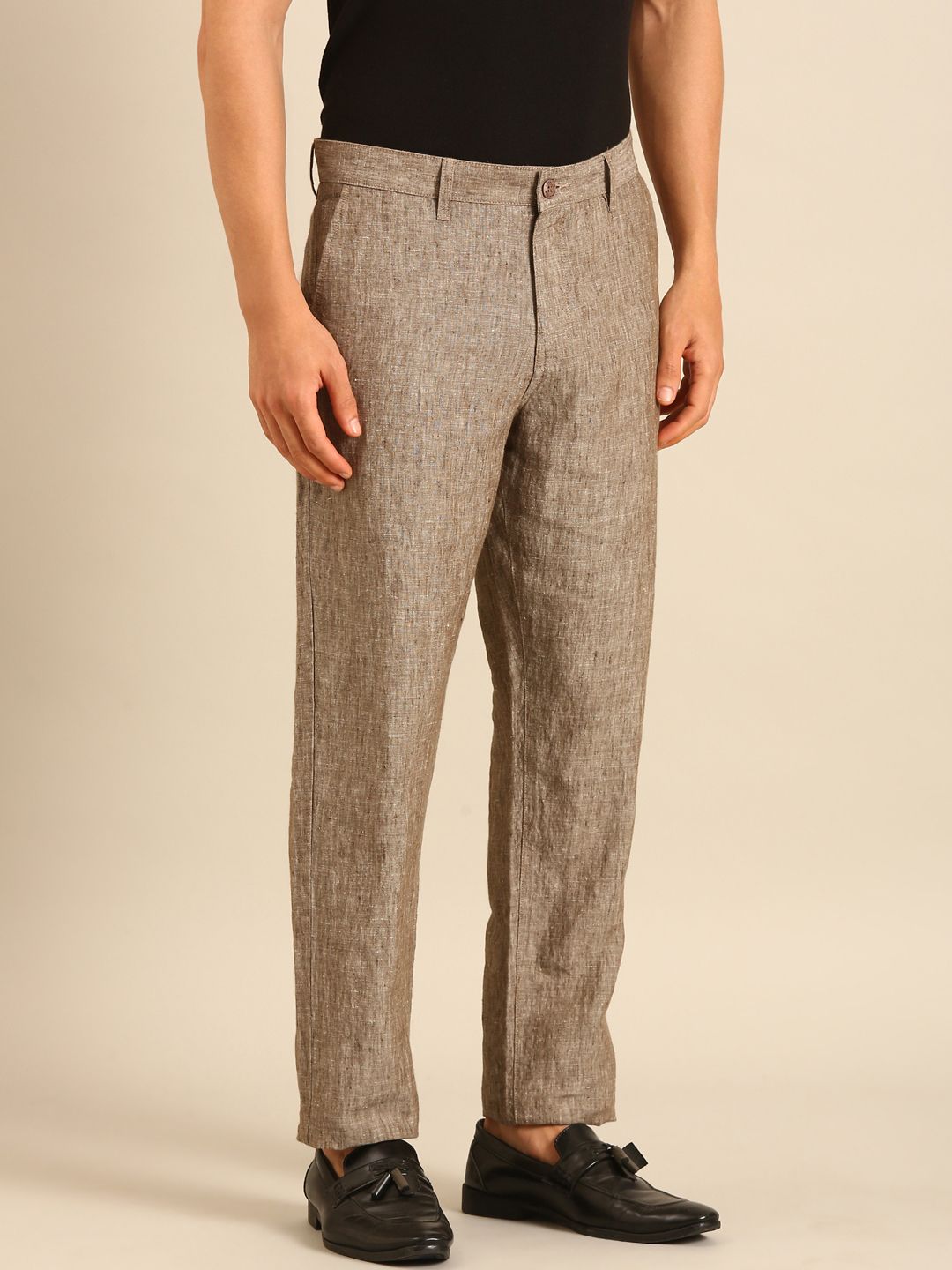 Linen Club Men's Linen Brown Solid Contemporary Fit Casual Trouser