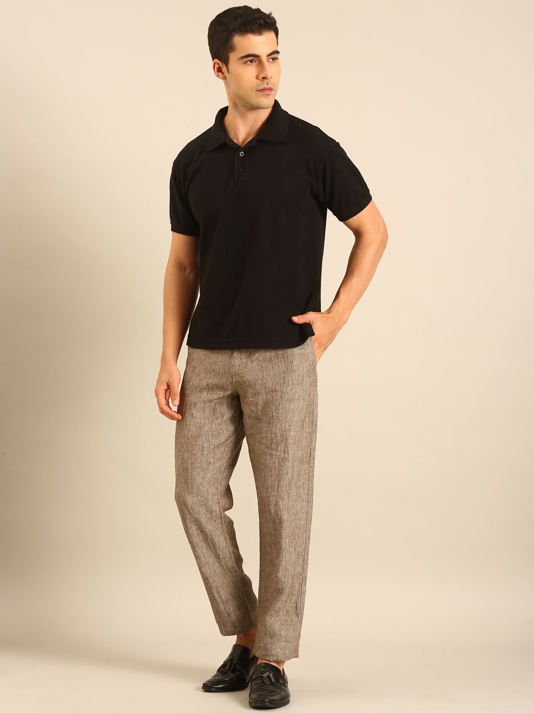 Linen Club Men's Linen Brown Solid Contemporary Fit Casual Trouser