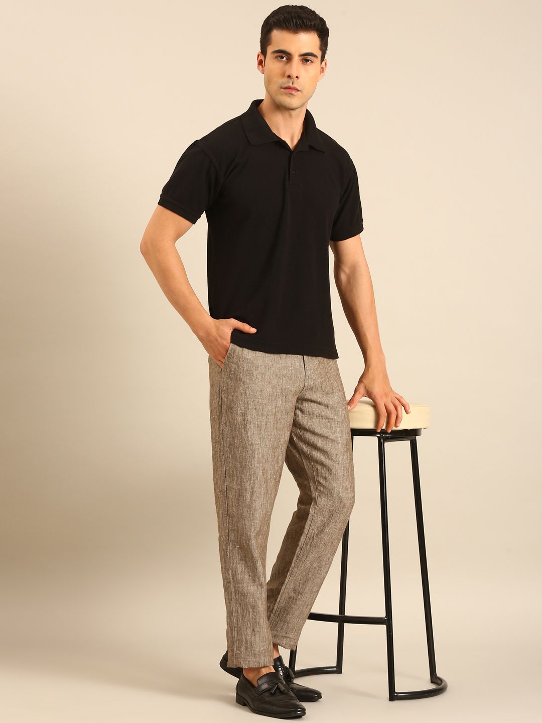 Linen Club Men's Linen Brown Solid Contemporary Fit Casual Trouser