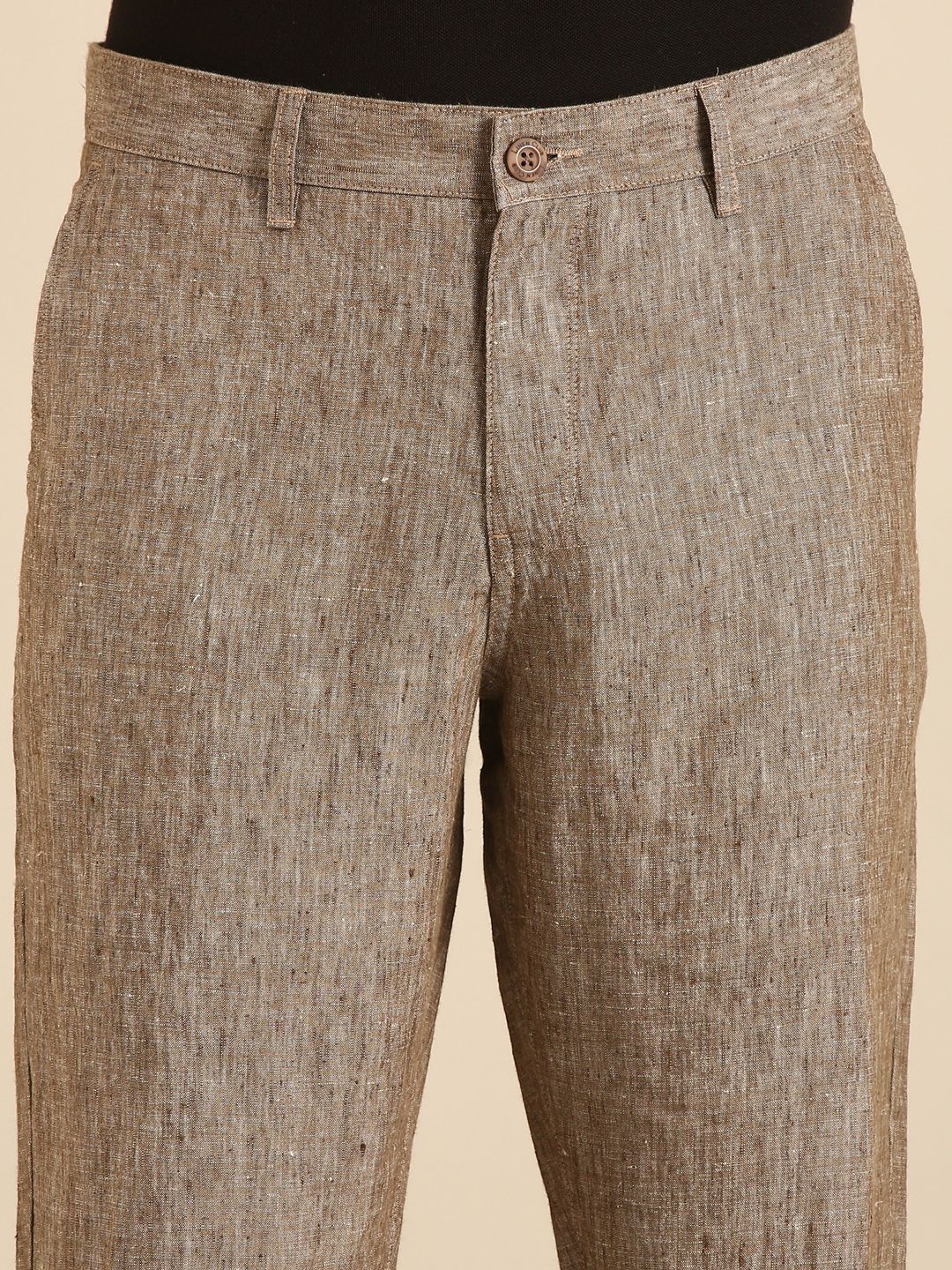 Linen Club Men's Linen Brown Solid Contemporary Fit Casual Trouser