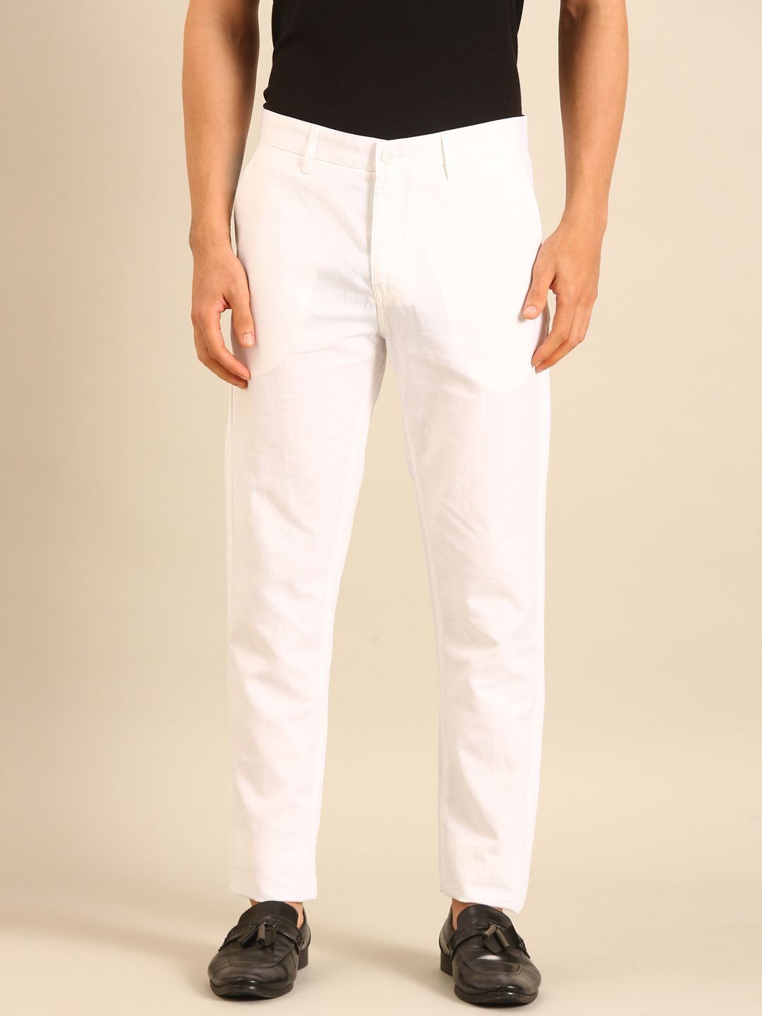 Linen Club Men's Linen White Solid Contemporary Fit Casual Trouser