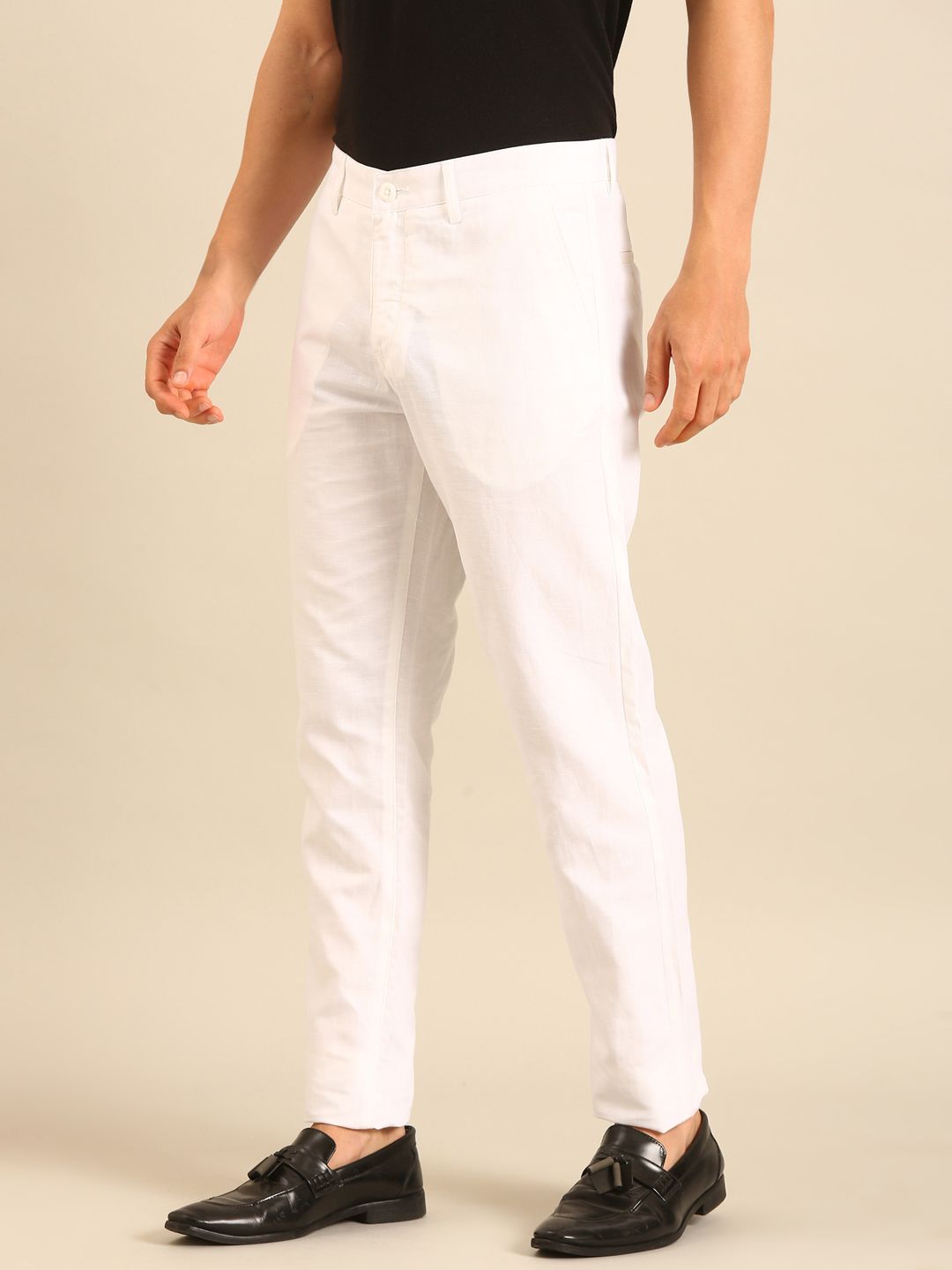 Linen Club Men's Linen White Solid Contemporary Fit Casual Trouser