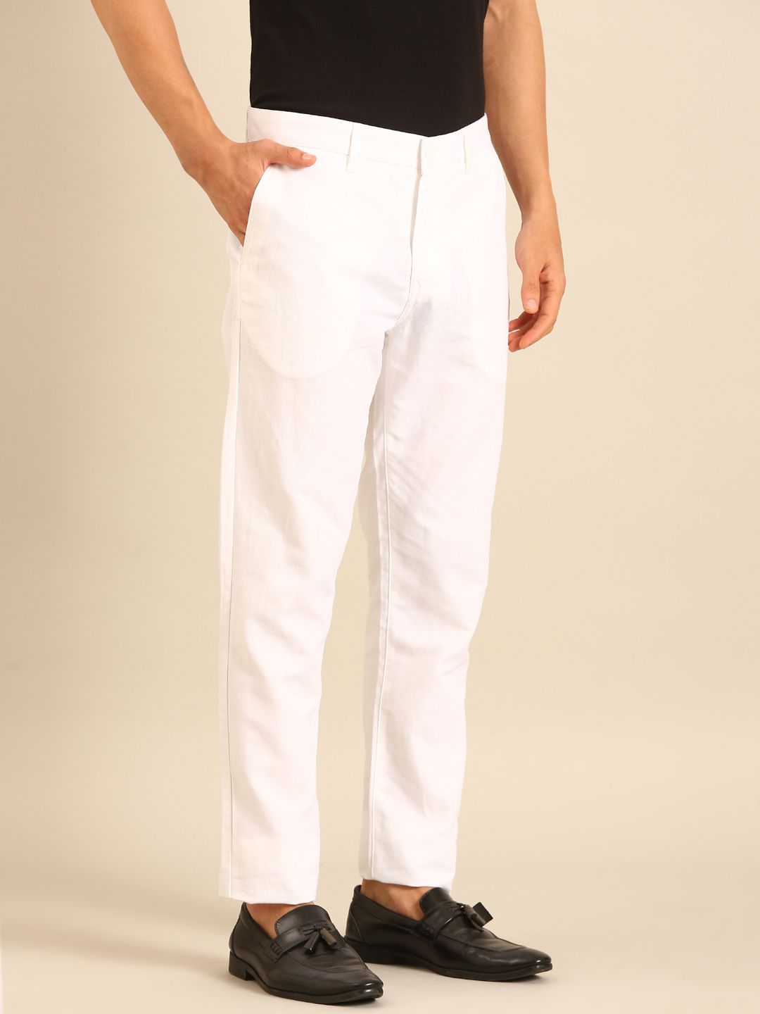 Linen Club Men's Linen White Solid Contemporary Fit Casual Trouser