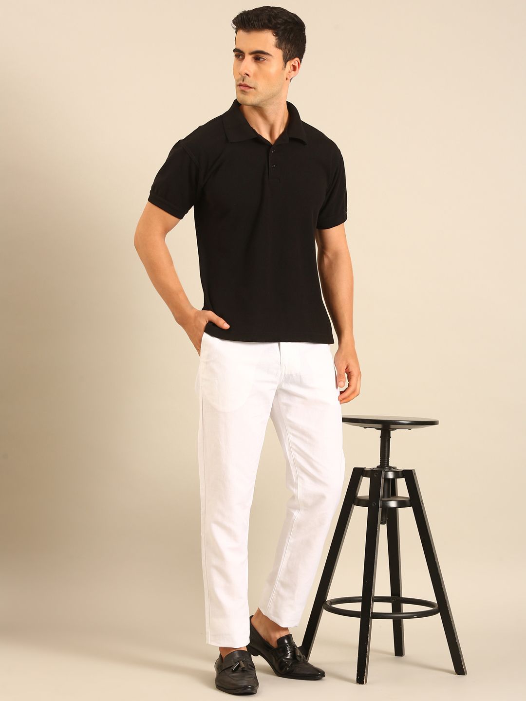 Linen Club Men's Linen White Solid Contemporary Fit Casual Trouser