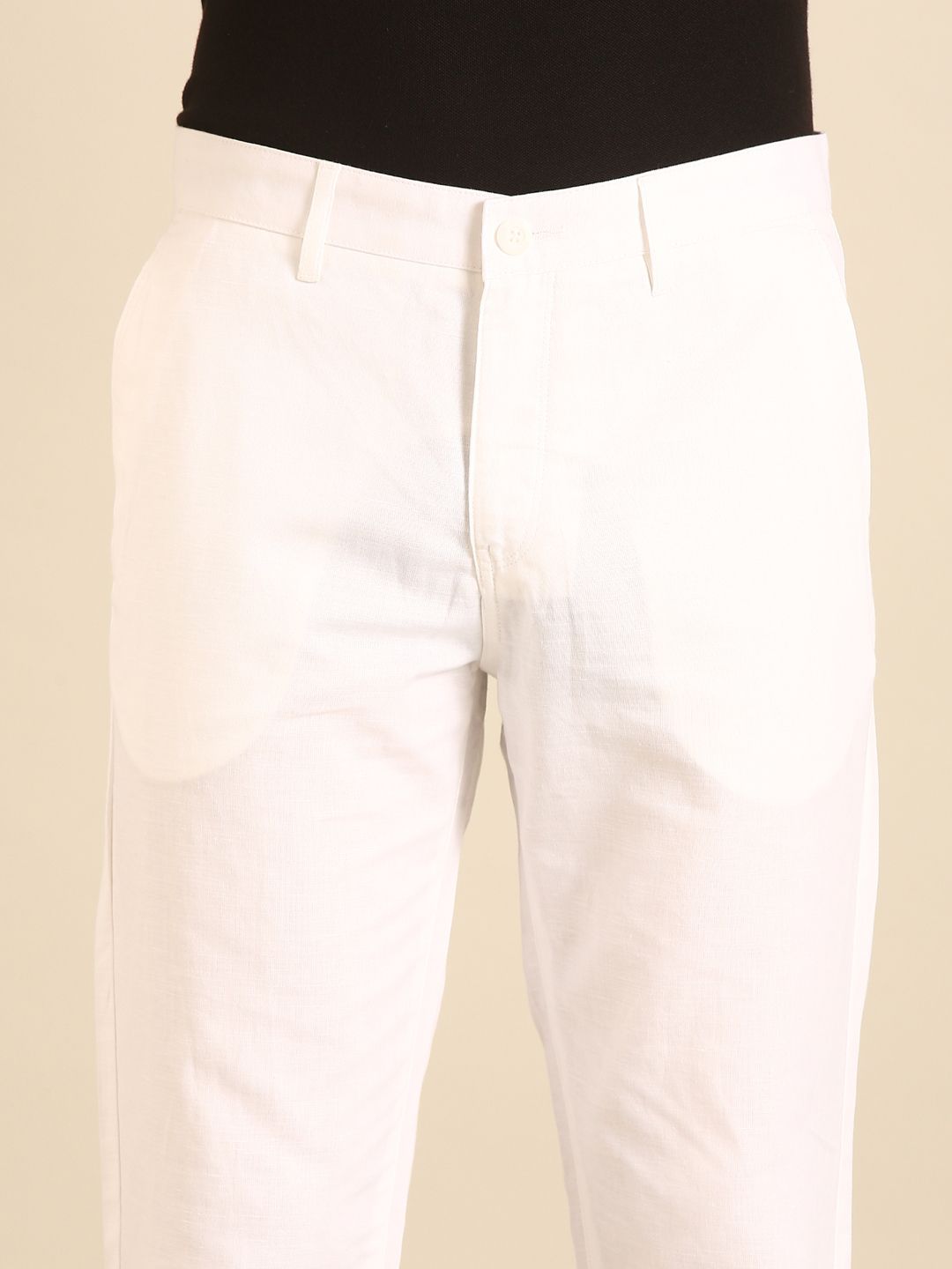 Linen Club Men's Linen White Solid Contemporary Fit Casual Trouser