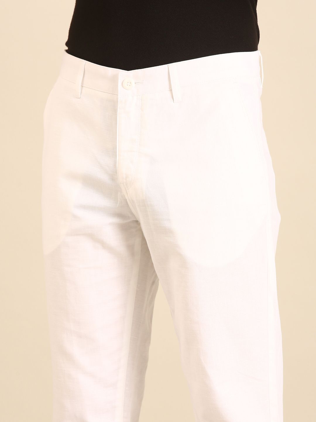 Linen Club Men's Linen White Solid Contemporary Fit Casual Trouser