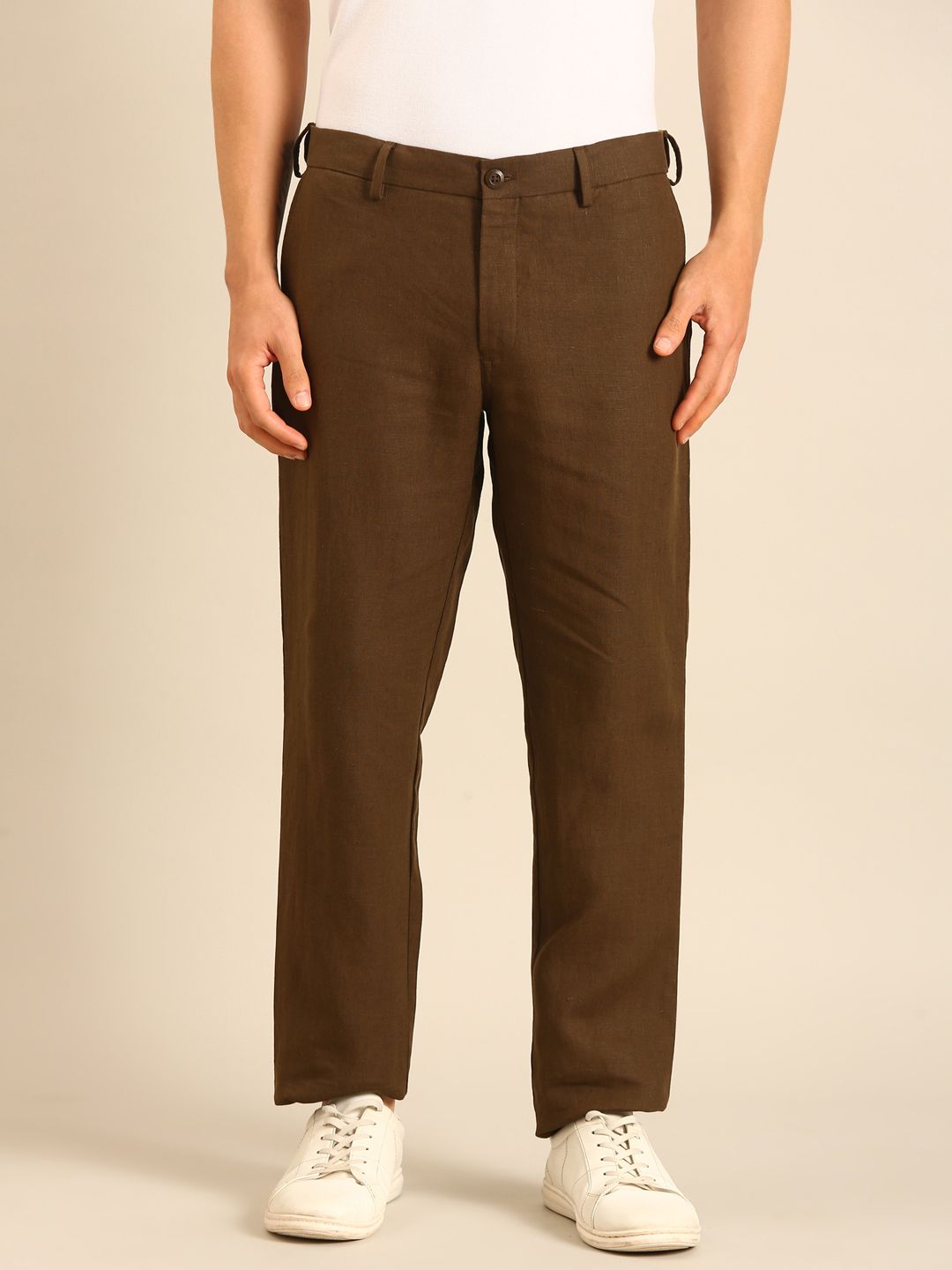 Linen Club Men's Linen Dark Brown Solid Contemporary Fit Casual Trouser