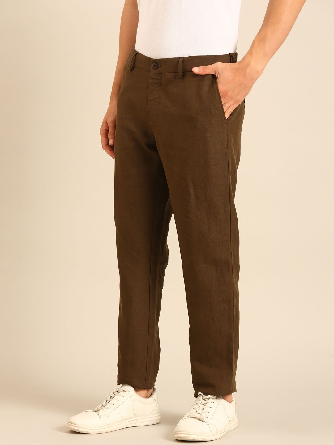 Linen Club Men's Linen Dark Brown Solid Contemporary Fit Casual Trouser