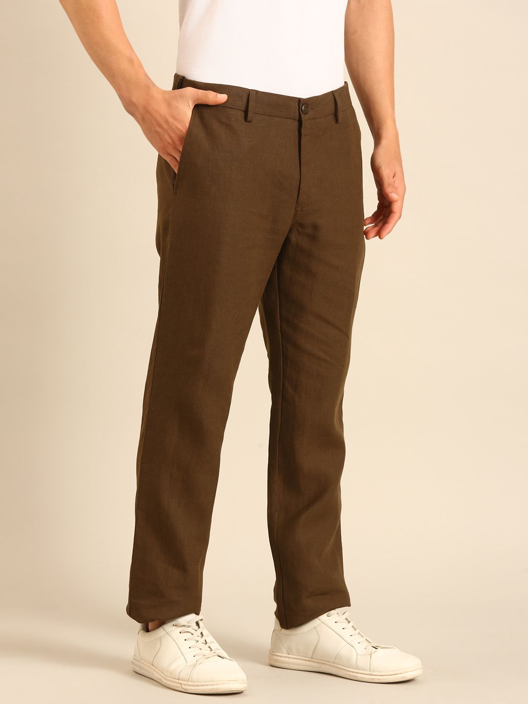 Linen Club Men's Linen Dark Brown Solid Contemporary Fit Casual Trouser