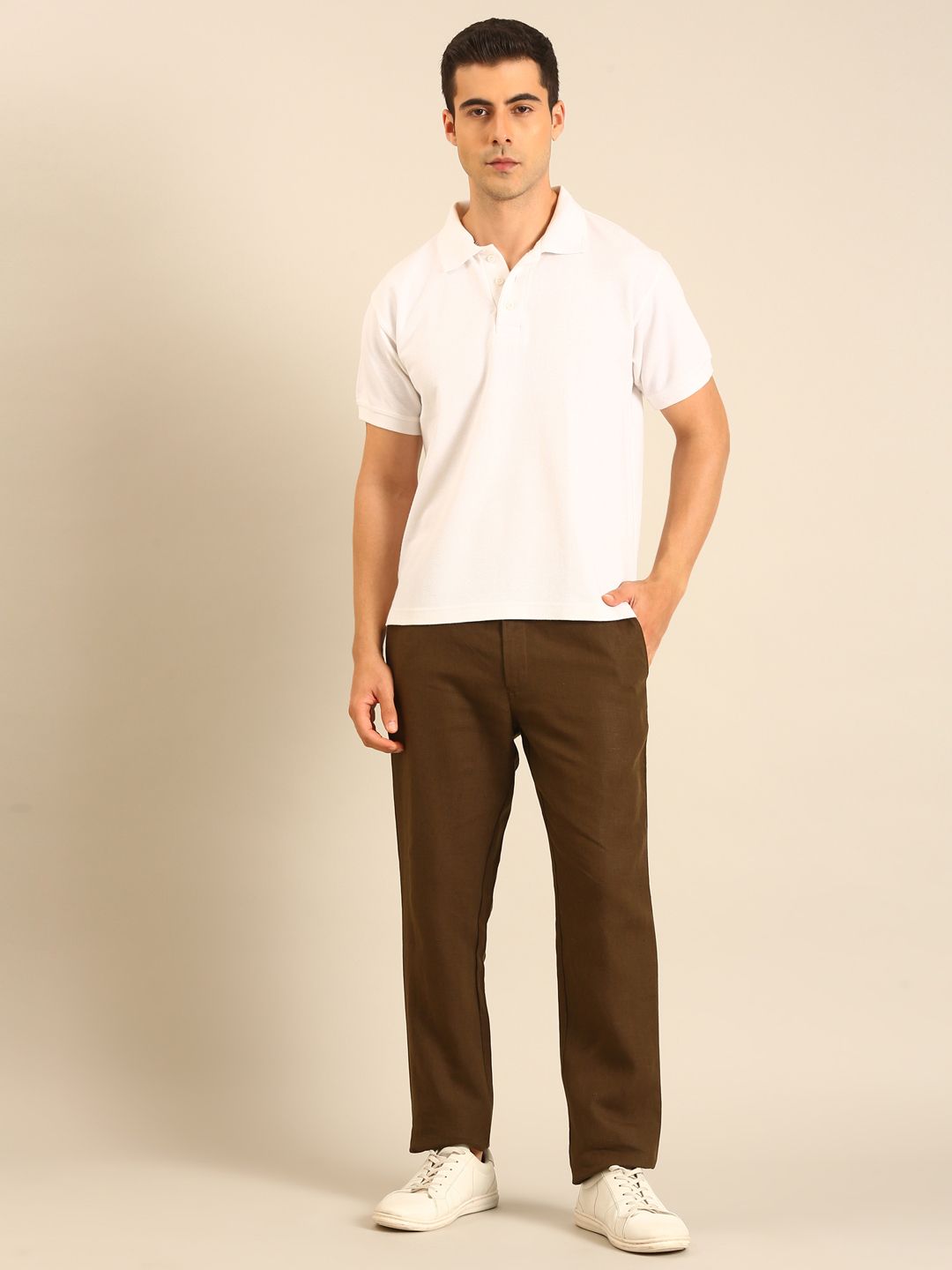Linen Club Men's Linen Dark Brown Solid Contemporary Fit Casual Trouser