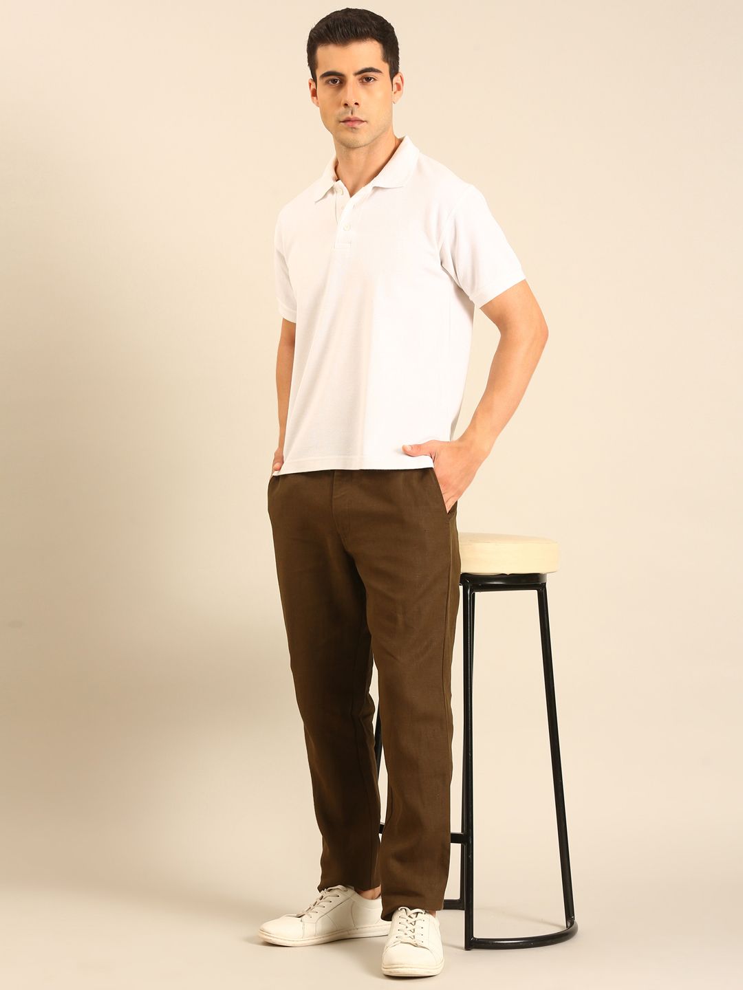 Linen Club Men's Linen Dark Brown Solid Contemporary Fit Casual Trouser