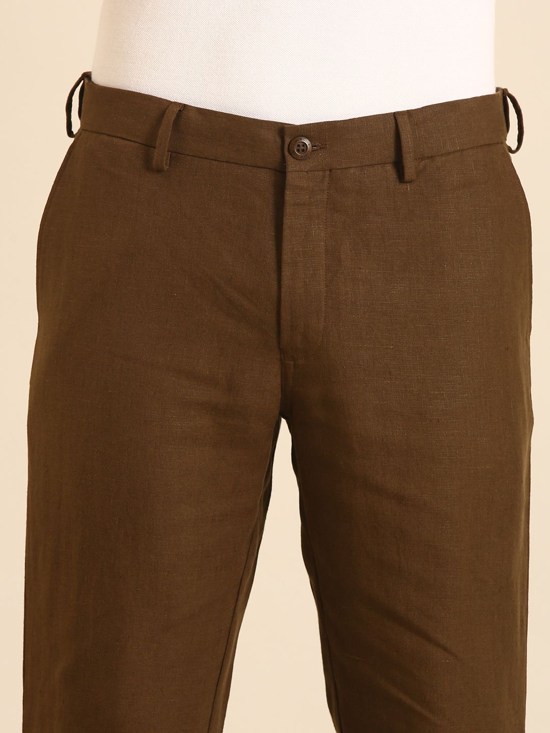 Linen Club Men's Linen Dark Brown Solid Contemporary Fit Casual Trouser