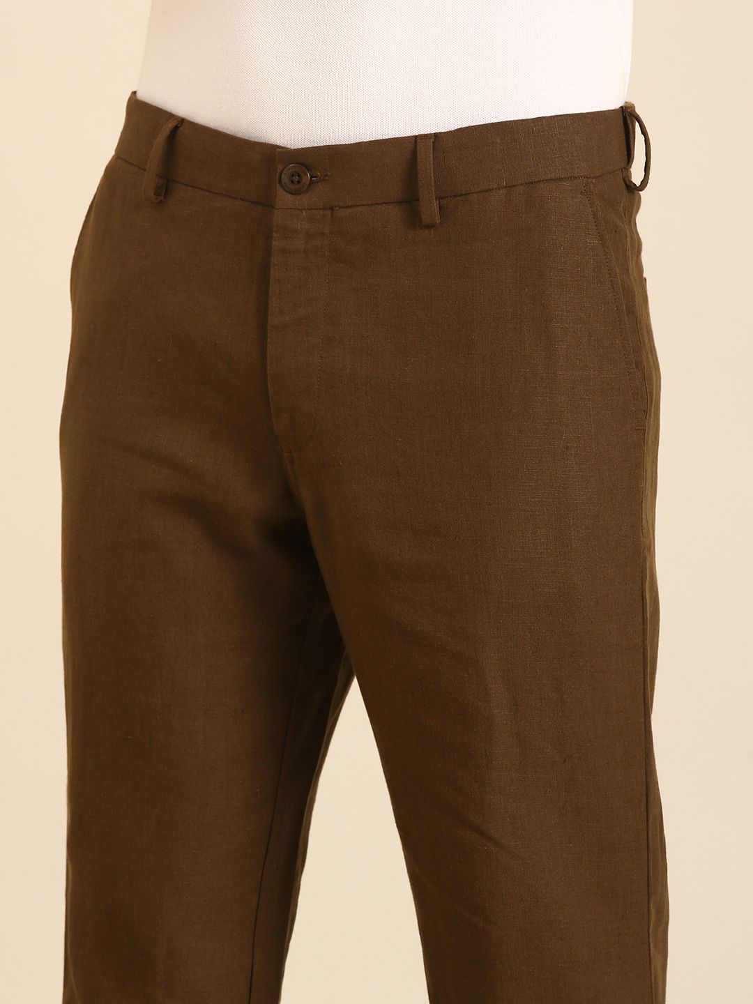 Linen Club Men's Linen Dark Brown Solid Contemporary Fit Casual Trouser